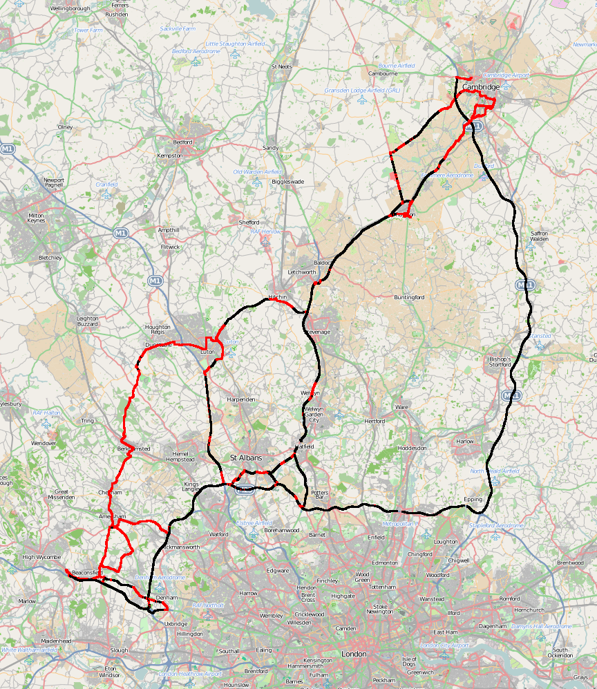Routes to Cambridge with speeds